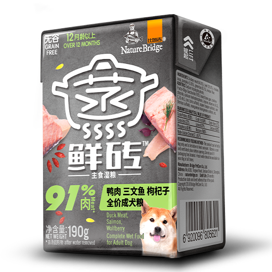 比瑞吉蒸鮮磚 全價(jià)成年期犬糧 鴨肉三文魚配方，添加枸杞子